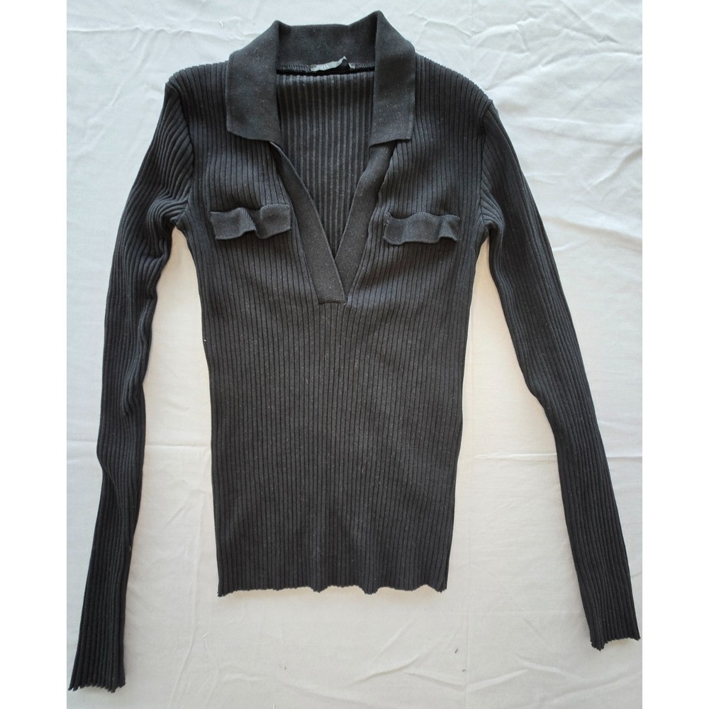 Zara Ribbed Collared Sweater V-Neck Cotton Front Fake Pockets Black Quiet Luxury
